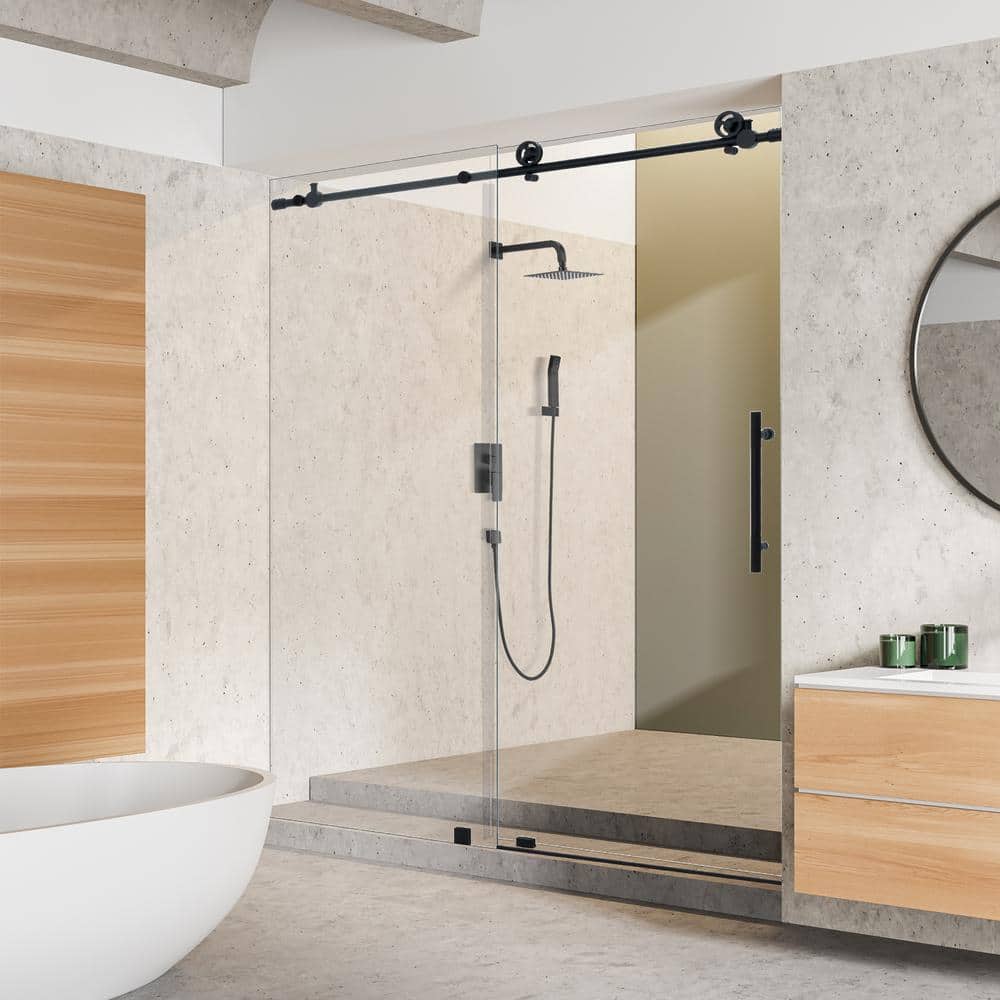 60'' Matte Black Frameless Sliding Shower Door with Clear Tempered Glass