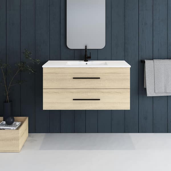 VOLPA USA AMERICAN CRAFTED VANITIES Napa 40 in. W. x 18 in. D Single Sink Bathroom Vanity Wall Mounted in White Oak With Ceramic Integrated Countertop