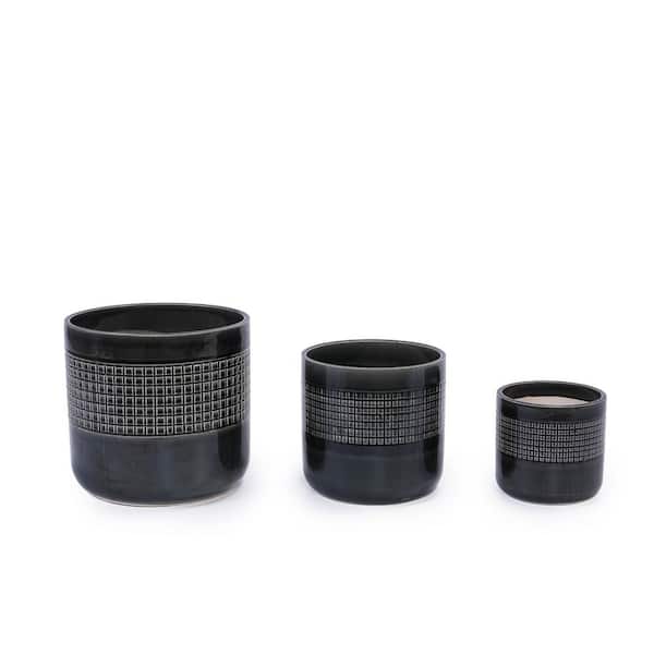 9.65 in. L x 9.65 in. W x 9.25 in. H Black Ceramic Flowerpot, Modern Planter for Patio, Garden or Windowsills（3-Piece）
