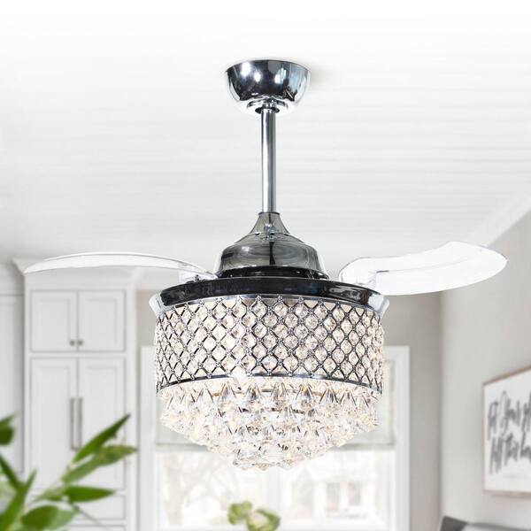 Parrot Uncle Broxburne 36 In Chrome Retractable Crystal Chandelier Ceiling Fan With Light And Wall Control F3508a110v The Home Depot - Retractable Pendant Light Ceiling