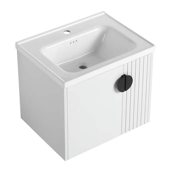 Cesicia 24 in. W x 18.5 in. D x 20.7 in. H Single Sink Freestanding Bath Vanity in White w/White Ceramic Top and Soft Close Door