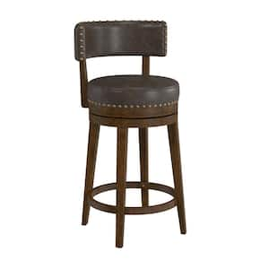 Lawton 36 in. Brown Low Back 27 in. Swivel Counter Stool with Aged Brown Faux Leather seat and back with Nail head trim