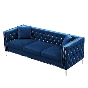 82.3 in. W 3-Seat Modern Square Arm Velvet Straight Tufted Sofa in Blue With 2-Pillows