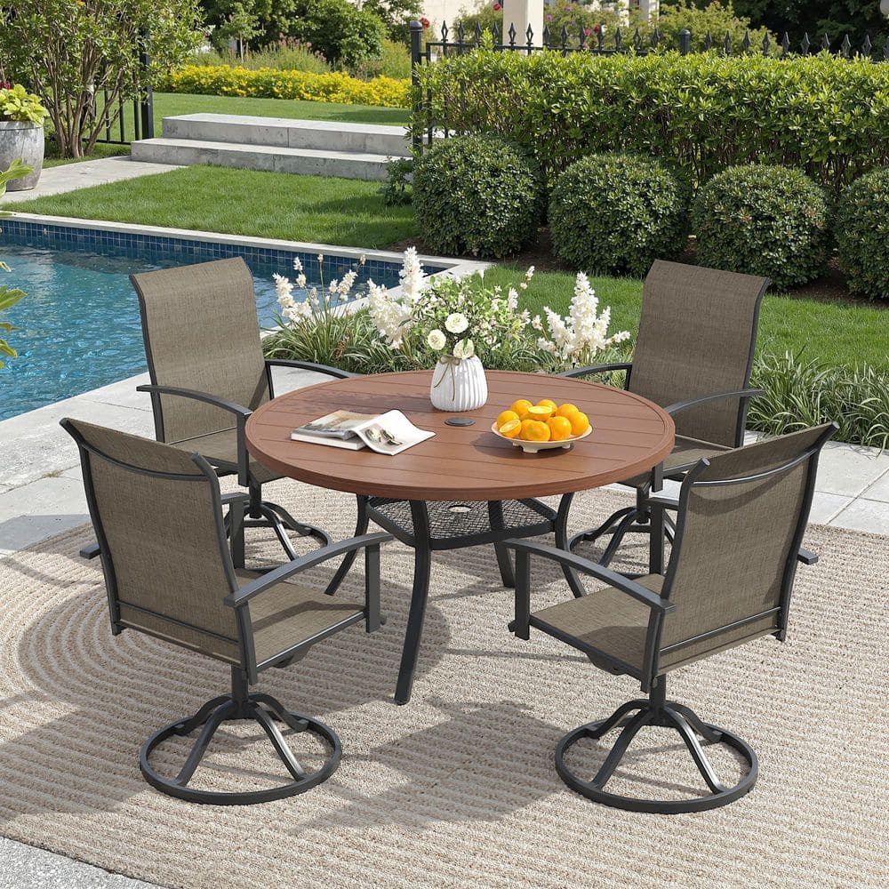 5-Piece Metal Outdoor Patio Dining Set with 40.6 in. Walnut Round Table and 4 Brown Textilene Swivel Dining Chairs price history on PriceWatchPro