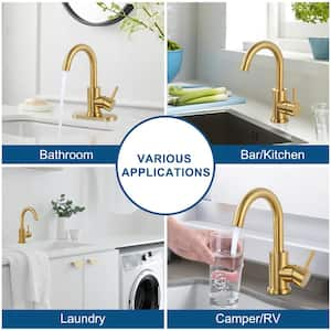 Single Hole Single Handle Stainless Steel Bar Faucet with Swivel Spout and Deckplate in Brushed Gold