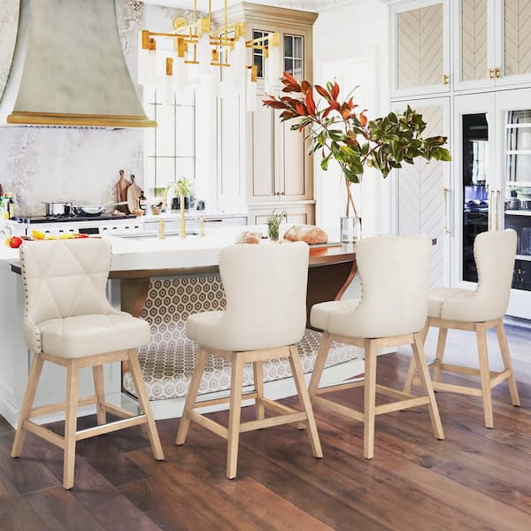 Zola 26 in. Ivory Wood Frame Faux Leather Upholstered Swivel Bar Stool with Nailhead Trim(Set of 4)