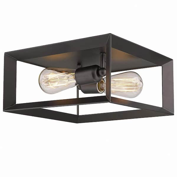 YANSUN 2-Light Black Farmhouse Caged Square Flush Mount Industrial ...