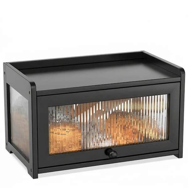 Black Bamboo Bread Box with Clear Acrylic Panels for Kitchen Countertop, Homemade Bread Storage Container