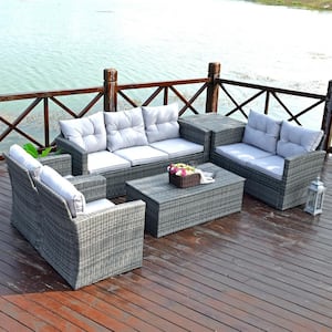 NANA Gary 6-Piece Wicker Patio Conversation Set with Gray Cushions and Storage Box