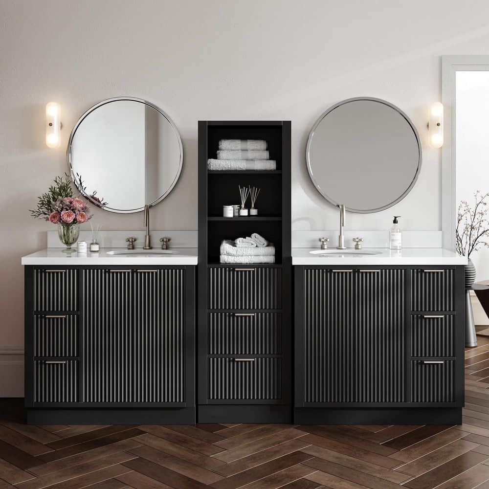 Milan 92 in. Double Sink Bath Vanity with Pure White Quartz Top and Linen Cabinet in Black price history on PriceWatchPro