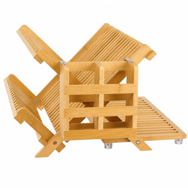 Collapsible Bamboo 3-Tier Dish Rack with Utensil Holder, Large Folding Drying Holder for Kitchen Counter, 51 pcs Grid