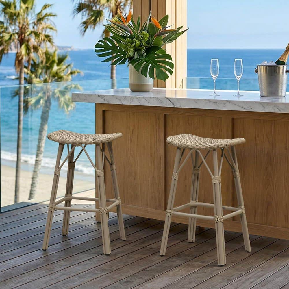 Counter Height Outdoor Counter Stool Aluminum Patio Modern Wicker Counter Stools with Saddle Seat, Tapue(2-Pack) price history on PriceWatchPro