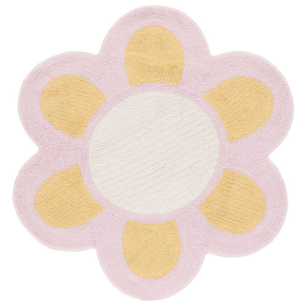 Vermont Gold/Light Pink  6 ft. x 6 ft. Machine Washable Oversized Floral Round Area Rug