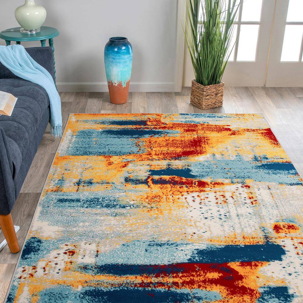 Large Blue and Orange Abstract Synthetic Area Rug