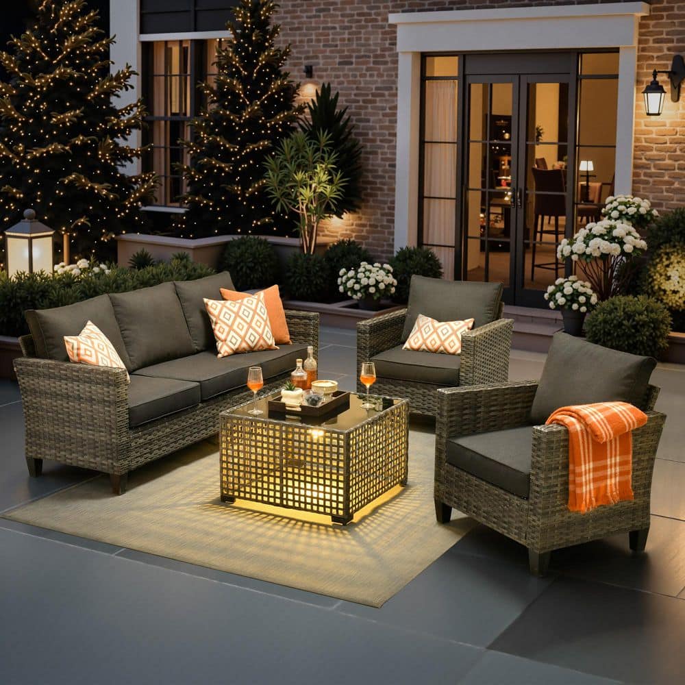 New Vultros Gray 4-Piece Wicker Patio Conversation Set with Black Cushions and Solar-Powered LED Lighted Coffee Table price history on PriceWatchPro