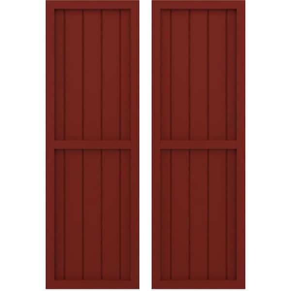 Ekena Millwork 17-1/2 in. W x 74 in. H Americraft 5-Board Exterior Real Wood 2 Equal Panel Framed Board and Batten Shutters Pepper Red
