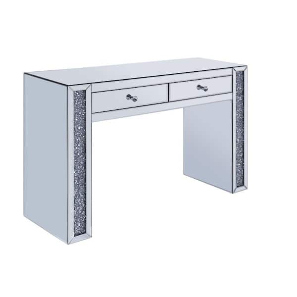 Benjara Clear Faux Crystal Accented Wood and Mirror Vanity Desk with 2-Drawers (46.65 in. L x 15.55 in. W x 31.69 in. H)