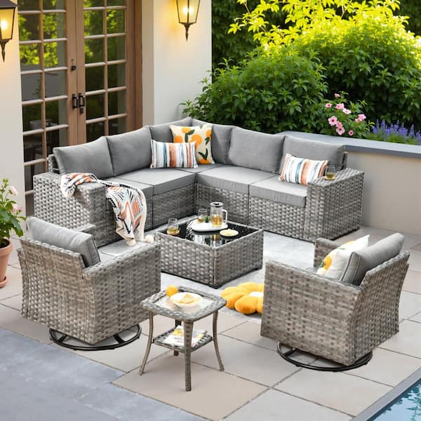 OVIOS Zoila Gray 9-Piece Wicker 7.68 in.Wide Arm Outdoor Patio Sectional Set with Dark Gray Cushions and Swivel Rocking Chairs