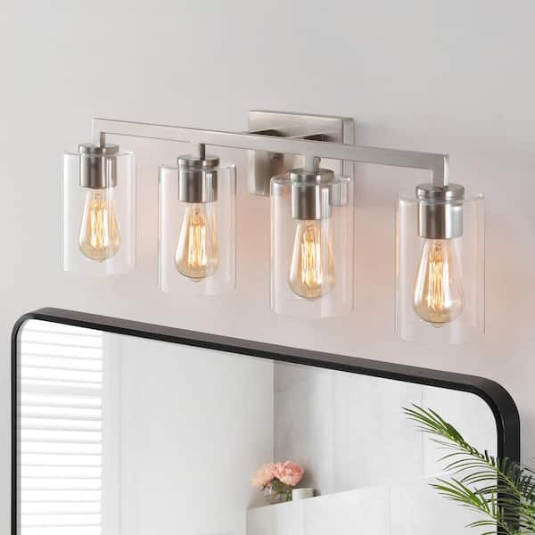 KAWOTI 28.75 in. 4-Light Brushed Nickel Vanity Light with Clear Glass Shade