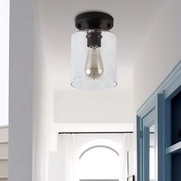 Retro 5.51 in. 1-Light Black Vintage Semi-Flush Mount with Clear Glass Shade and No Bulb Included