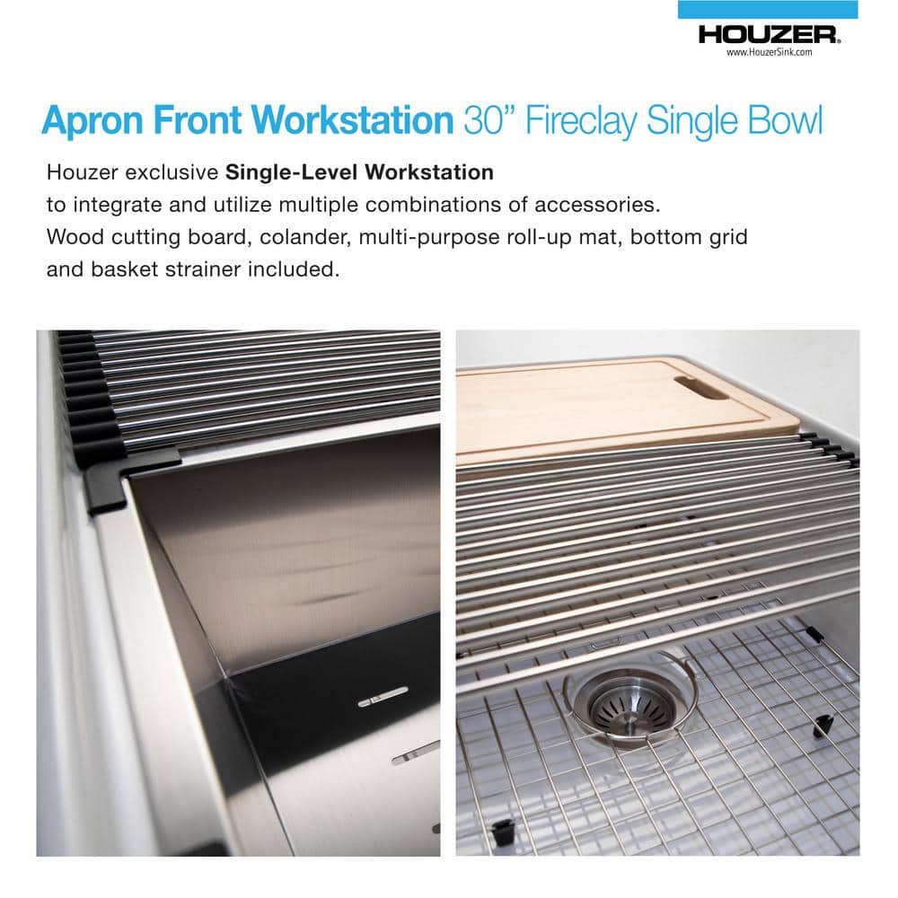 Aspire 30" White Fireclay Farmhouse Workstation Sink with Accessories