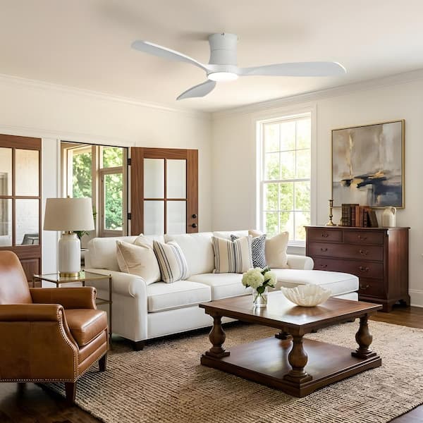 48 in. LED Indoor White Flush Mount Minimalist Style Ceiling Fan with Dimming and Memory Functions