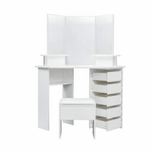 White Wood Vanity Table with 3-Mirrors 5-Drawers and Leather Bench 55.91 in. H x 43.7 in. W x 24.02 in. D