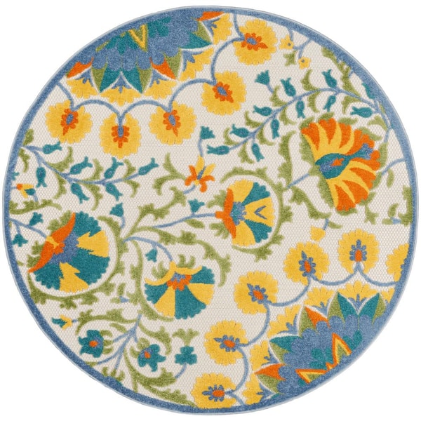 Nourison Aloha Multicolor 4 ft. x 4 ft. Round Floral Contemporary Indoor/Outdoor Patio Area Rug