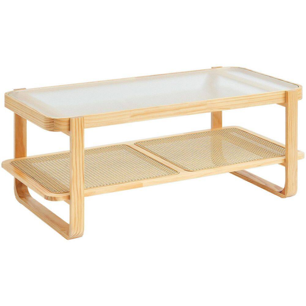 Rattan Coffee Table, Rectangle Rattan Woven Wood Coffee Table with Tempered Glass Top, 45 in. Storage Coffee Table
