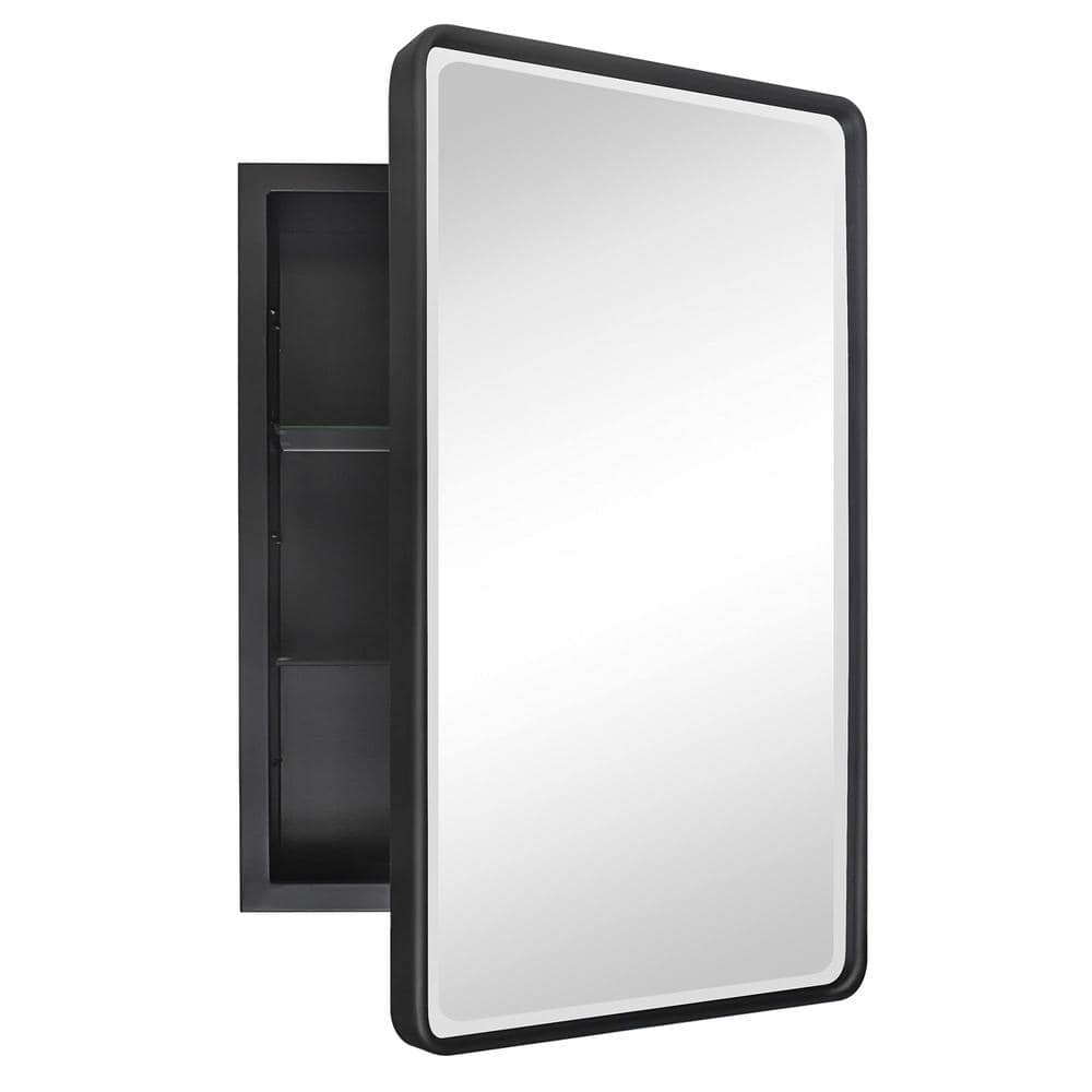 Black Metal Framed Recessed Medicine Cabinet with Beveled Mirror