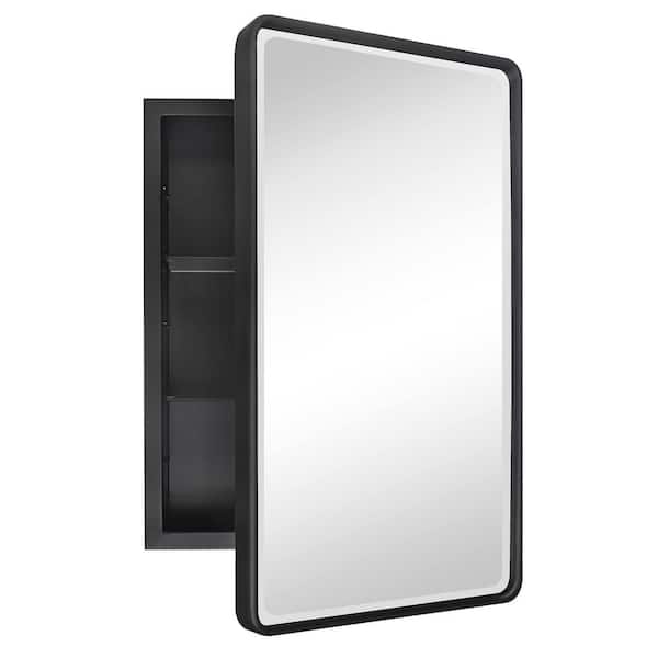 Farmhouse 16 in. W x 24 in. H Recessed Rectangular Metal Framed Bathroom Medicine Cabinets with Mirror in Matt Black