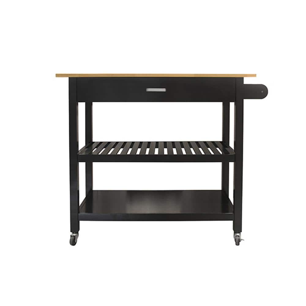 Simple Black Wood Kitchen Cart with 2Lockable Wheels, 2Open Shelves