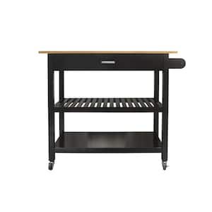 Simple Black Wood Kitchen Cart with 2-Lockable Wheels, 2-Open Shelves, 1-Towel Rack and 1-Big Drawer