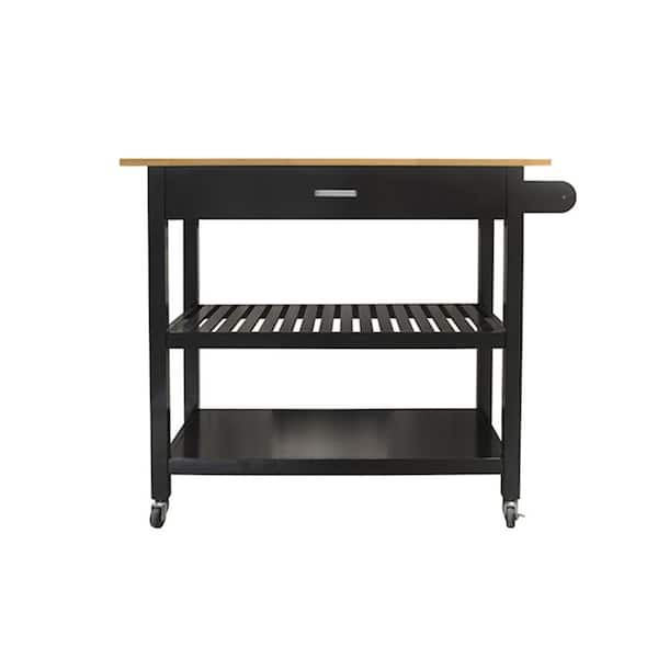 Unbranded Simple Black Wood Kitchen Cart with 2-Lockable Wheels, 2-Open Shelves, 1-Towel Rack and 1-Big Drawer