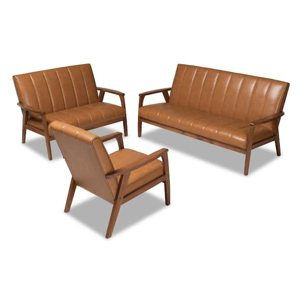 Baxton Studio Nikko 3 Piece Tan and walnut Brown Living Room Set