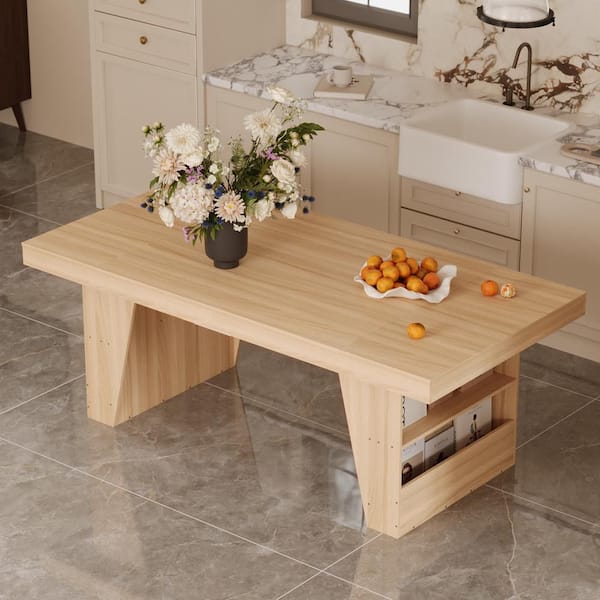 FUFU&GAGA 78.7 in. W Rectangular Natural Wood Computer Desk with