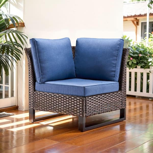 Gymojoy Valenta Brown Outdoor Corner Chair with Blue Cushions