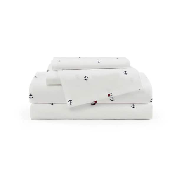 Anchor And Flag 4-Piece White/Blue Percale Cotton Queen Sheet Set