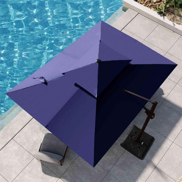 Pellebant Double Top 9 ft. x 12 ft. Aluminum Outdoor Parasol 360° Rotation Cantilever Patio Umbrella in Navy Blue with Base