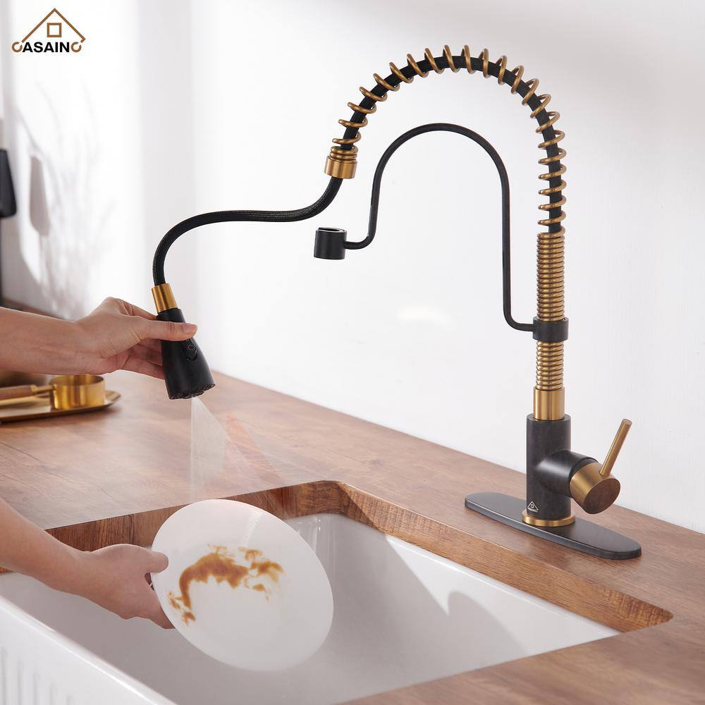 Matte Black and Brushed Gold Stainless Steel Pull Down Kitchen Faucet