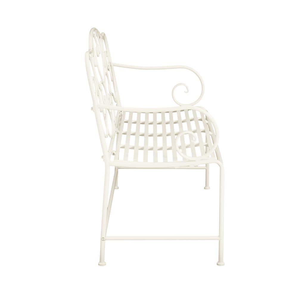 Matte White Iron Outdoor Garden Bench with Floral Design, 41"