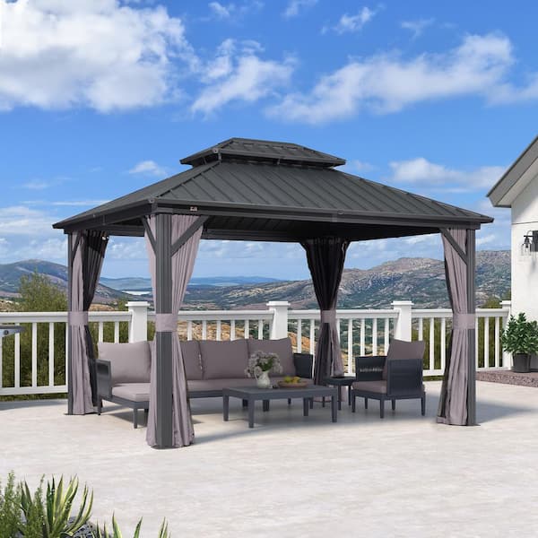 10 ft. x 12 ft. Gray Aluminum Hardtop Gazebo Canopy with Netting and Curtains
