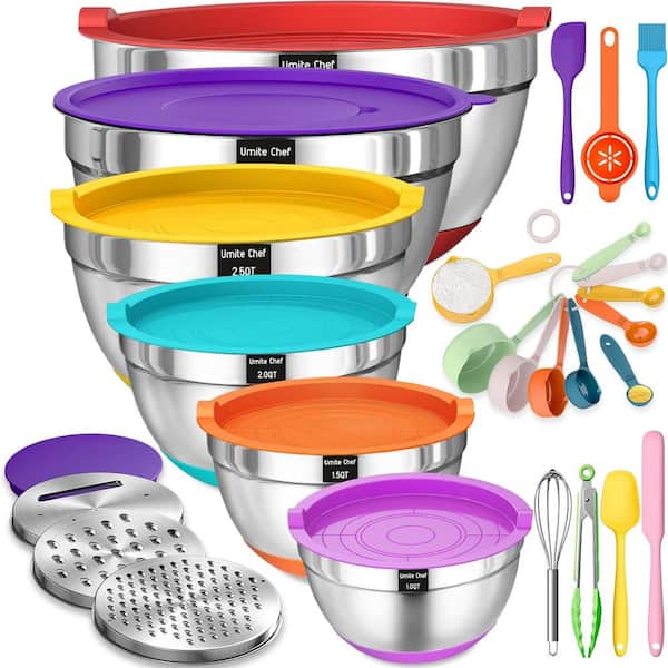 26-Piece Stainless Steel Multi-Colored Mixing Bowls Set with Airtight Lids and 3-Grater Attachments