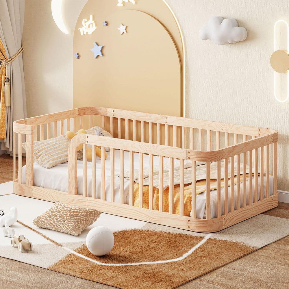 Natural Brown Wood Frame Twin Size Platform Bed with Fence