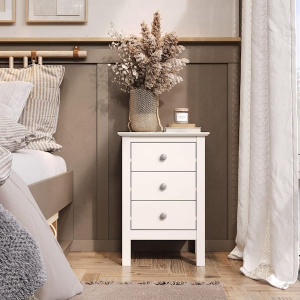 Three Drawer Wood Rectangle End Table/Nightstand in White 16.93 in. W