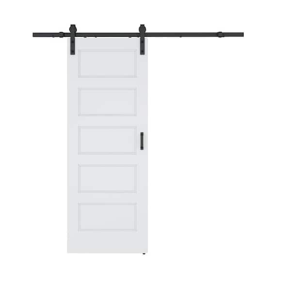 36 in. x 84 in. 5 Patio Panel White Hollow Core MDF Sliding Barn Door with Hardware Kit
