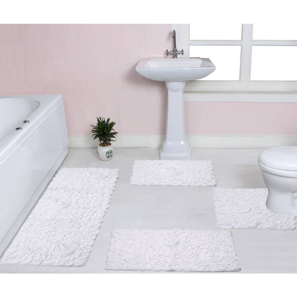 Flower 2pieces White & Aqua Round Washable Bath Rug Set (24 Bleach