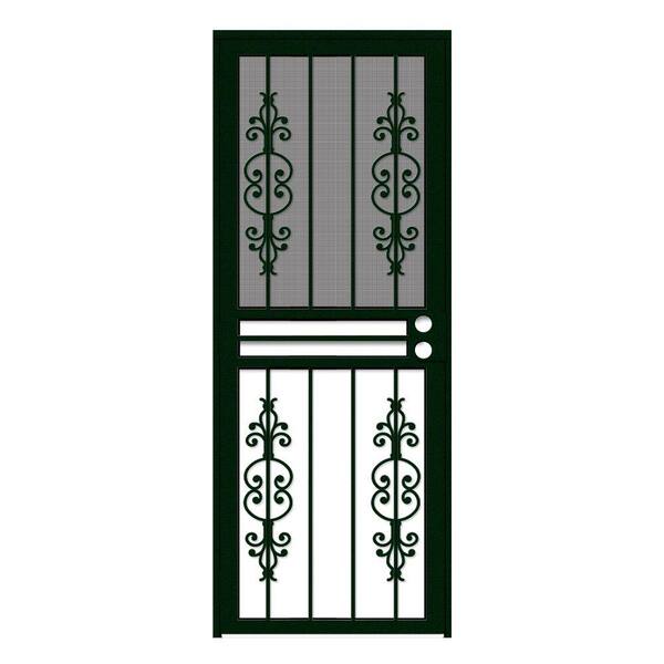 Unique Home Designs 32 in. x 80 in. Estate Forest Green Recessed Mount All Season Security Door with Insect Screen and Glass Inserts