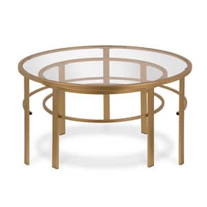 Gaia 36 in. 2-Piece Brass Round Glass Top Coffee Table Set with Nesting Tables
