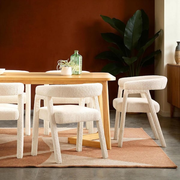 2-Piece Modern Ivory Rounded Back Boucle Upholstery Dining Chairs